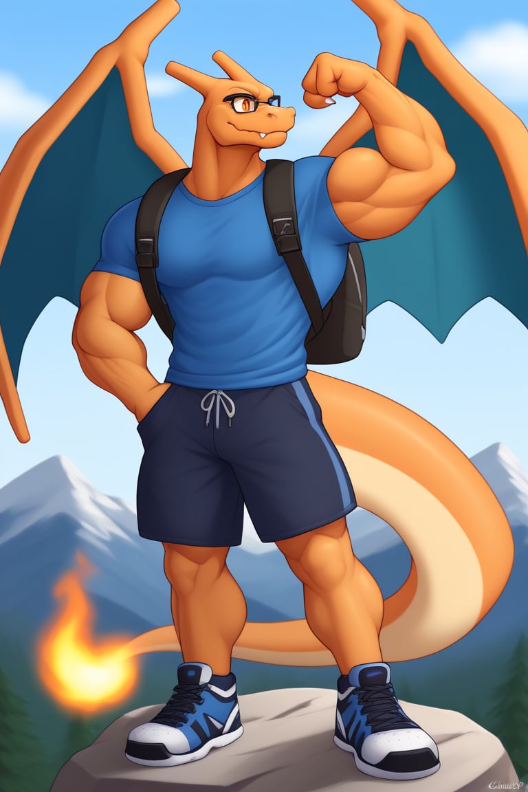 CharizardXL, Charizard, Perfect eyes, muscle, big muscle, big body, huge body, orange eyes, Furry Mix, mountain peak background, standing one foot on the rock, look to the horizon, 3 fingers, wear glasses, wear a big backpack, wear dark blue hiking shoes, wear shorts with pockets, wear hiking t-shirt, crossed arms, flexing 