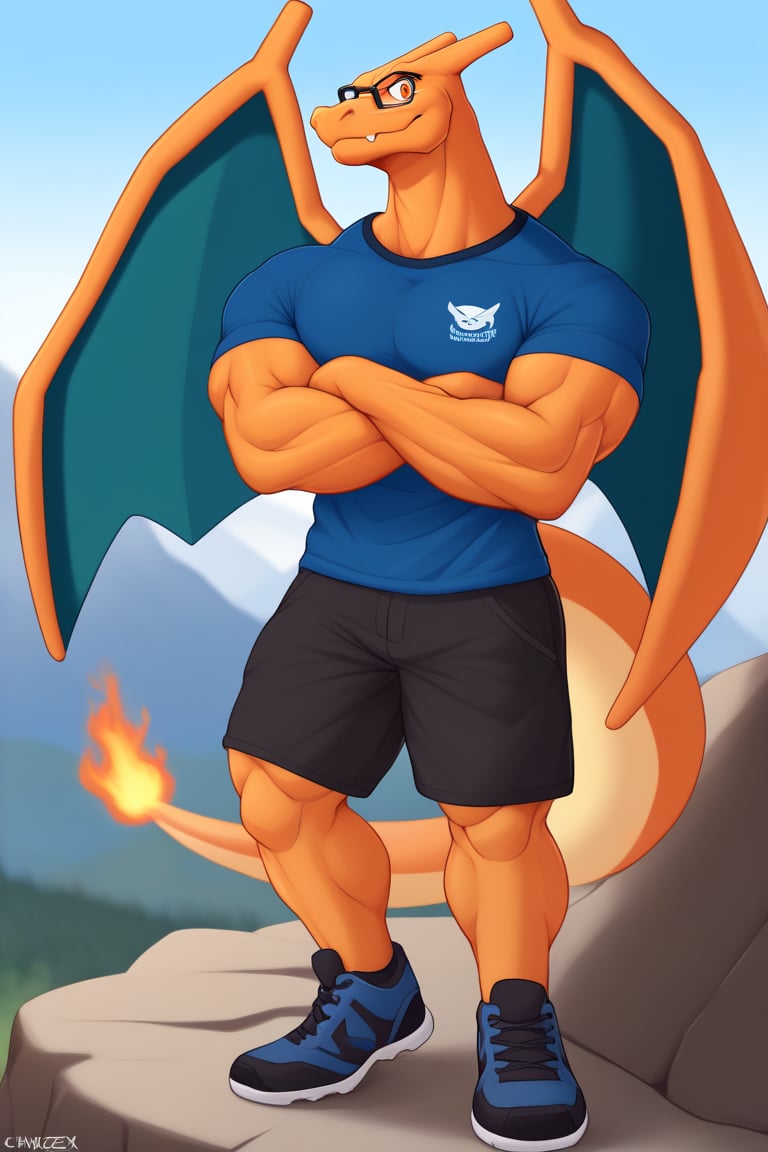 CharizardXL, Charizard, Perfect eyes, muscle, big muscle, big body, huge body, orange eyes, Furry Mix, mountain peak background, standing one foot on the rock, look to the horizon, 3 fingers, wear glasses, wear a big backpack, wear dark blue hiking shoes, wear shorts with pockets, wear hiking t-shirt, crossed arms