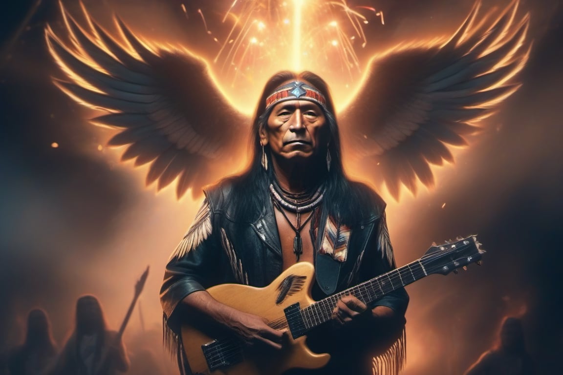 Native American. 80s metal guitarist. Tribal Leather. Flying V guitar. Eagle shaped Pyrotechnics background. Hyper realistic. 4k. 