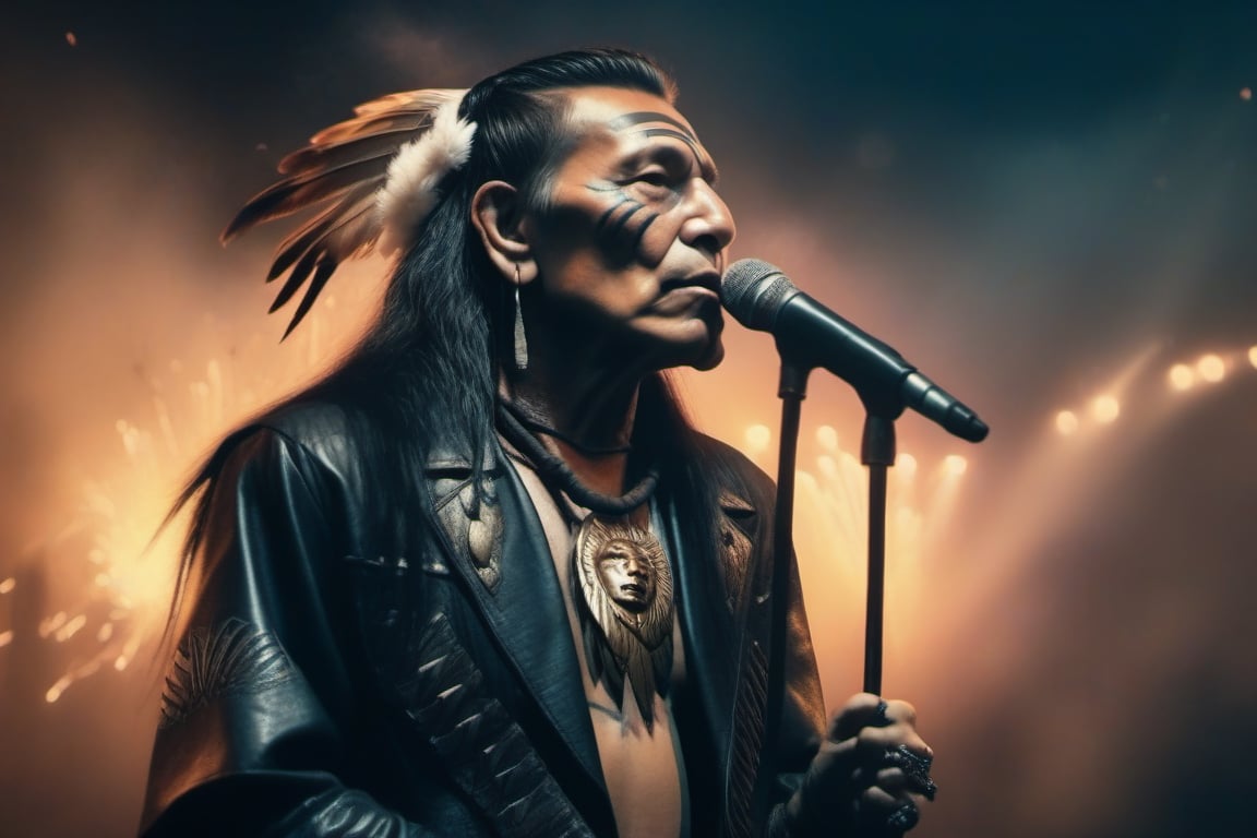 Native American. 80s metal singer. Tribal Leather clothing. Single Feather in hair. Tribal microphone held near mouth. Eagle shaped Pyrotechnics background. Marshall Amp stacks in background. Hyper realistic. 4k. Photorealistic.