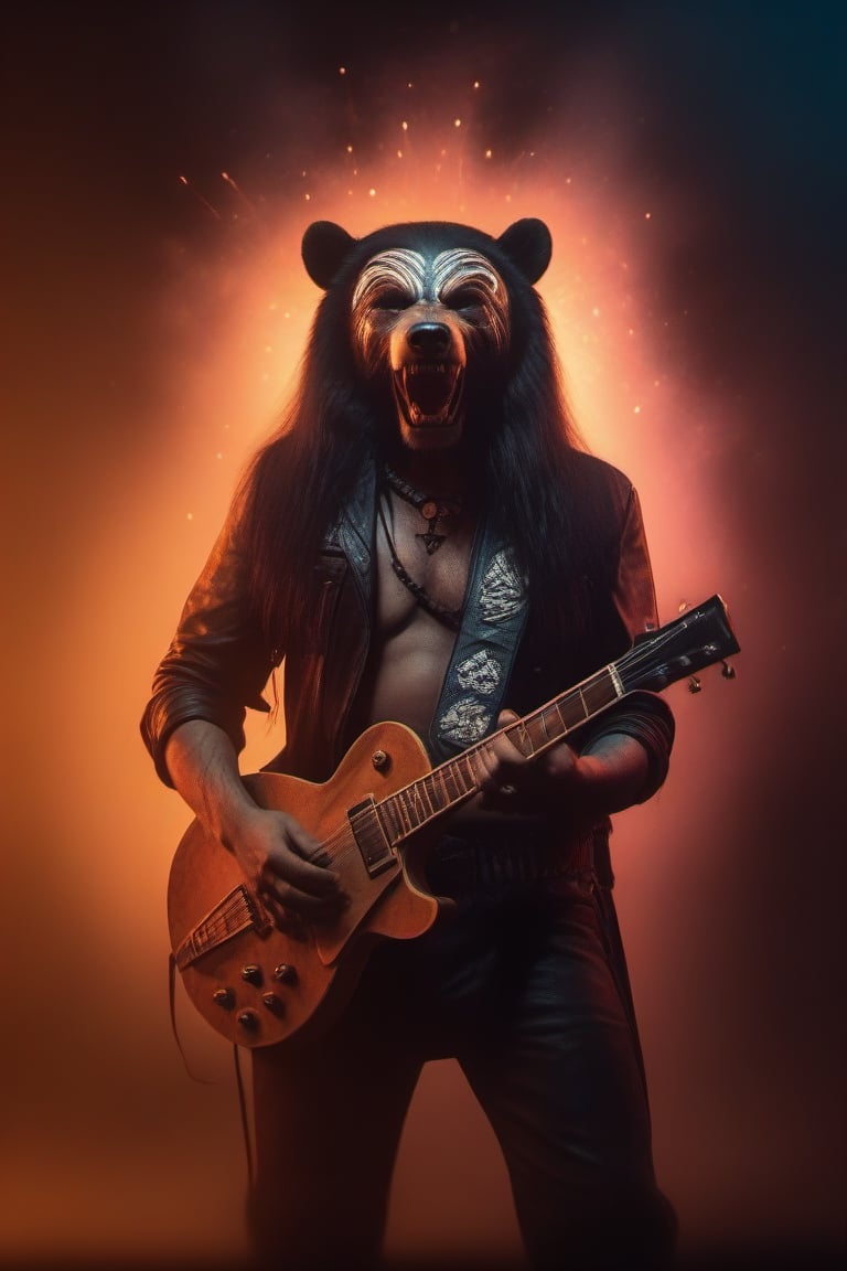 Native American. 80s metal guitarist. Tribal Leather. Tribal les Paul guitar with sparks and light smoke flying from headstock. Bear shaped Pyrotechnics background. Hyper realistic. 4k. ,<lora:659095807385103906:1.0>