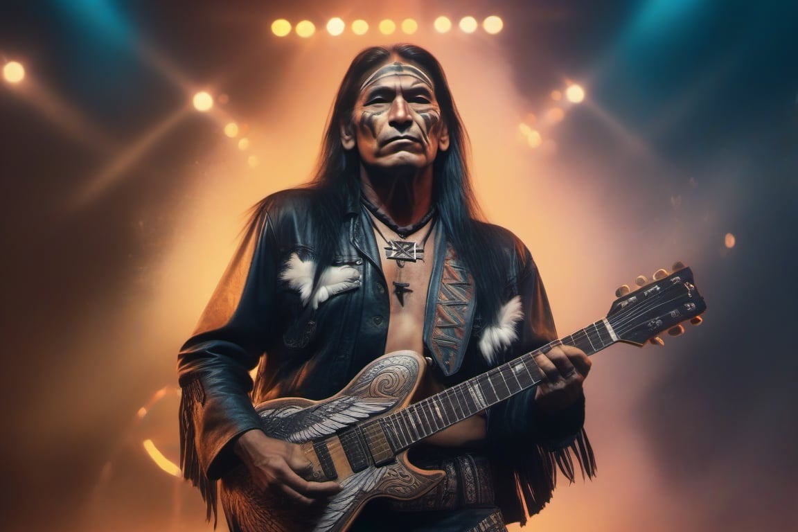 Native American. 80s metal guitarist. Tribal Leather clothing. Single Feather in hair. Tribal guitar strap. Tribal Les Paul guitar. Eagle shaped Pyrotechnics background. Marshall Amp stacks in background. Hyper realistic. 4k. Photorealistic.