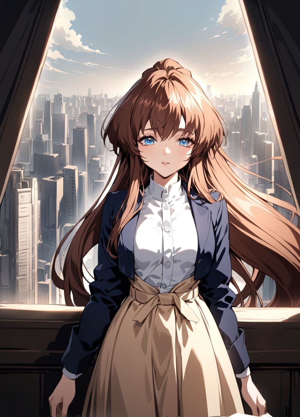 This character is a finely detailed artistic creation with a blend of anime and realism. She possesses vividly large, azure blue eyes that convey a sense of keen observation and intellect. Her hair, a soft chestnut hue, is styled into a high, elegant ponytail with a voluminous swoop, and delicate strands lightly caress her face. Her skin is porcelain-like in its smoothness, and her facial features are rendered with a gentle realism—her lips are of a subtle pink, modest in fullness, and her nose is small and well-defined.

She is attired in professional attire that suggests a blend of formality and style. A crisp, white button-up shirt is meticulously tucked into her high-waisted garment, the fabric hinting at the contours of her frame without compromising professionalism. The shirt is complemented by a structured navy blue blazer that reinforces her authoritative presence. A slim beige belt cinches at her waist, adding a touch of sophistication to her ensemble.

The character's backdrop is an expansive window, through which one can glimpse a sprawling urban skyline, denoting a scene set high above the bustling city streets, possibly within a sleek corporate office. The ambient light bathes the scene in a warm, natural glow, suggesting either early morning or late afternoon, casting soft shadows and highlighting the meticulous details of her attire and the serene urban landscape beyond.





