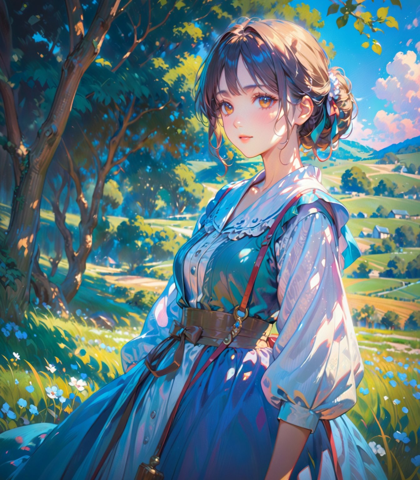 A shepherdess depicted in the Impressionist style, amidst soft, dappled light and flowing fields. (masterpiece, top quality, best quality, official art, beautiful and aesthetic:1.2), (1girl),  portrait, extreme detailed, highest detailed, 16k, high resolution, dynamic composition, (bokeh, sharp focus:1.2), low angle, high color contrast, depth of field, 