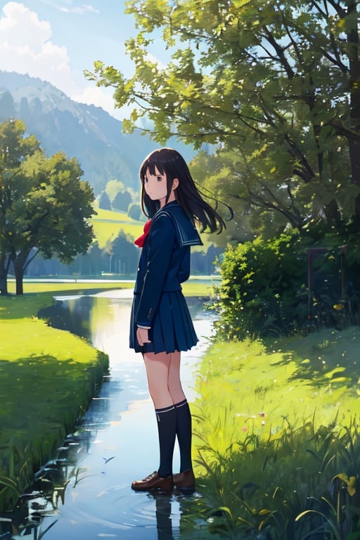 1girl, shool uniform, standing, grass, lake, nature, masterpiece, best quality, very aesthetic, absurdres