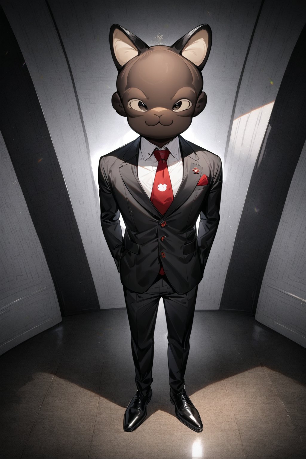 1boy, matue male, slim, no hair, fake cat ears, forehead, black jacket, red necktie, white shirt, black skinny pants, formal shoes, standing, outside, living room, indoor, [fisheye lens:: 3], masterpiece, best quality, absurdres, very aesthetic, newest, General