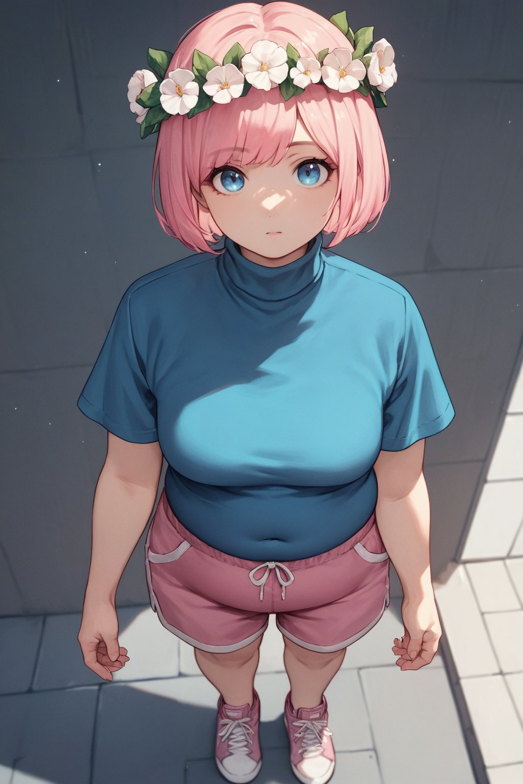 score_9, score_8_up, score_7_up, score_6_up, score_5_up, score_4_up, BREAK source_anime, 1girl, chubby, looking at viewer, bob cut, pink hair, Flower Crown, blue eyes, blue shirt, turtleneck, short sleeves, pink shorts, white sneakers, standing, Rooftop