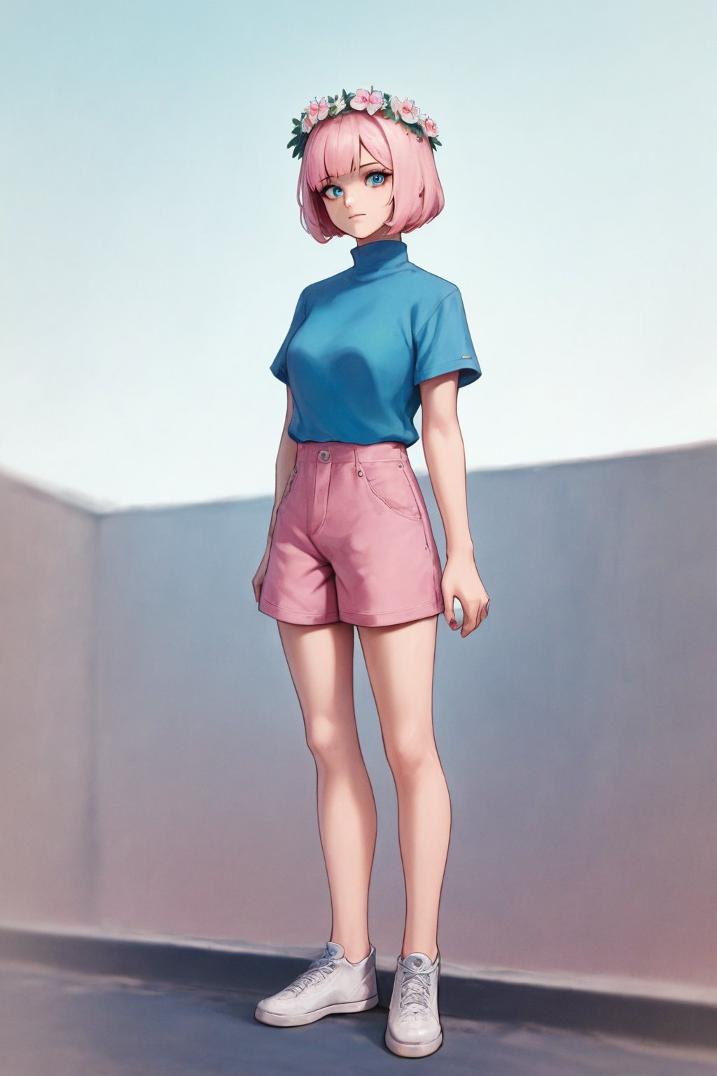 score_9, score_8_up, score_7_up, score_6_up, score_5_up, score_4_up, BREAK source_anime, 1girl, Caucasian, looking at viewer, bob cut, pink hair, Flower Crown, blue eyes, blue shirt, turtleneck, short sleeves, pink shorts, white sneakers, standing, Rooftop