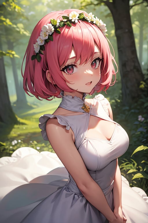 masterpiece, best quality, 1girl, looking at viewer, bob cut, pink hair, Flower Crown, superhero costume, close shot, standing, outside, forest