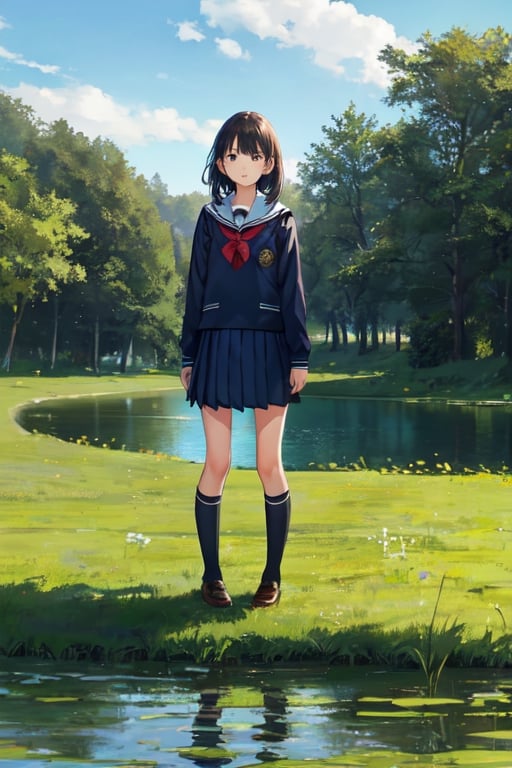 1girl, shool uniform, standing, grass, lake, nature, masterpiece, best quality, very aesthetic, absurdres