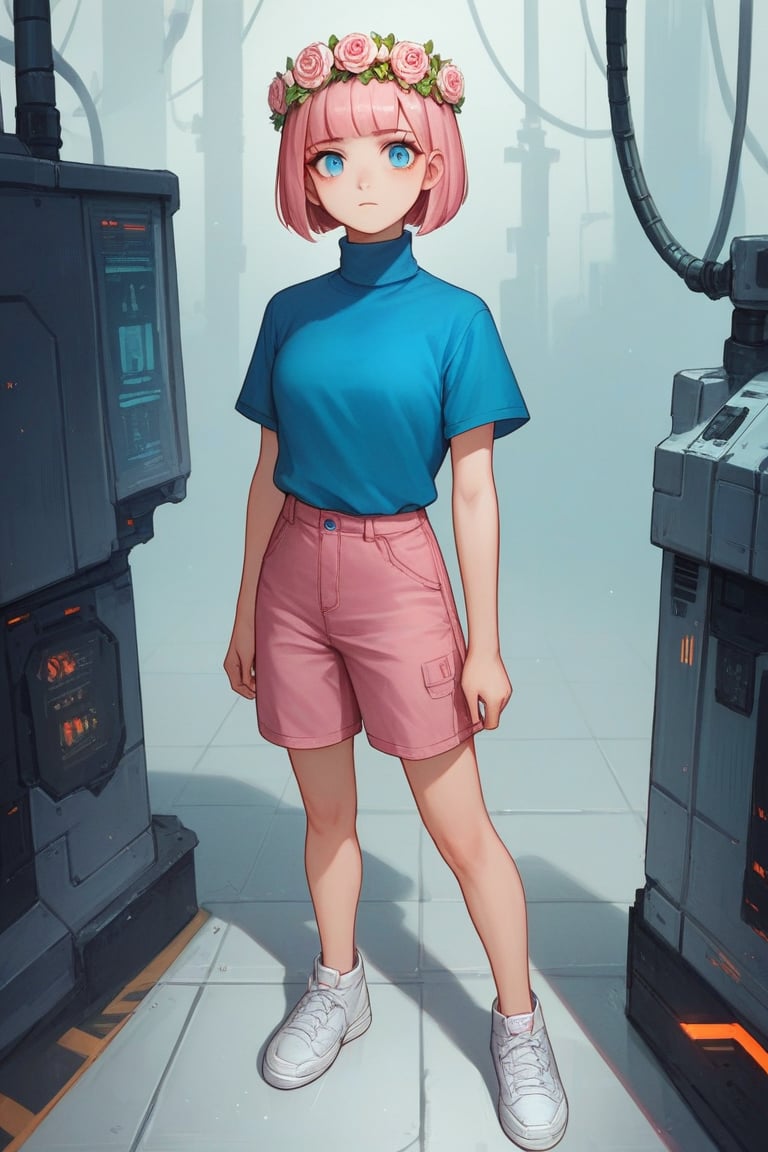 score_9, score_8_up, score_7_up, score_6_up, score_5_up, score_4_up, BREAK source_anime, 1girl, Caucasian, looking at viewer, bob cut, pink hair, Flower Crown, blue eyes, blue shirt, turtleneck, short sleeves, pink shorts, white sneakers, standing up, futuristic laboratory