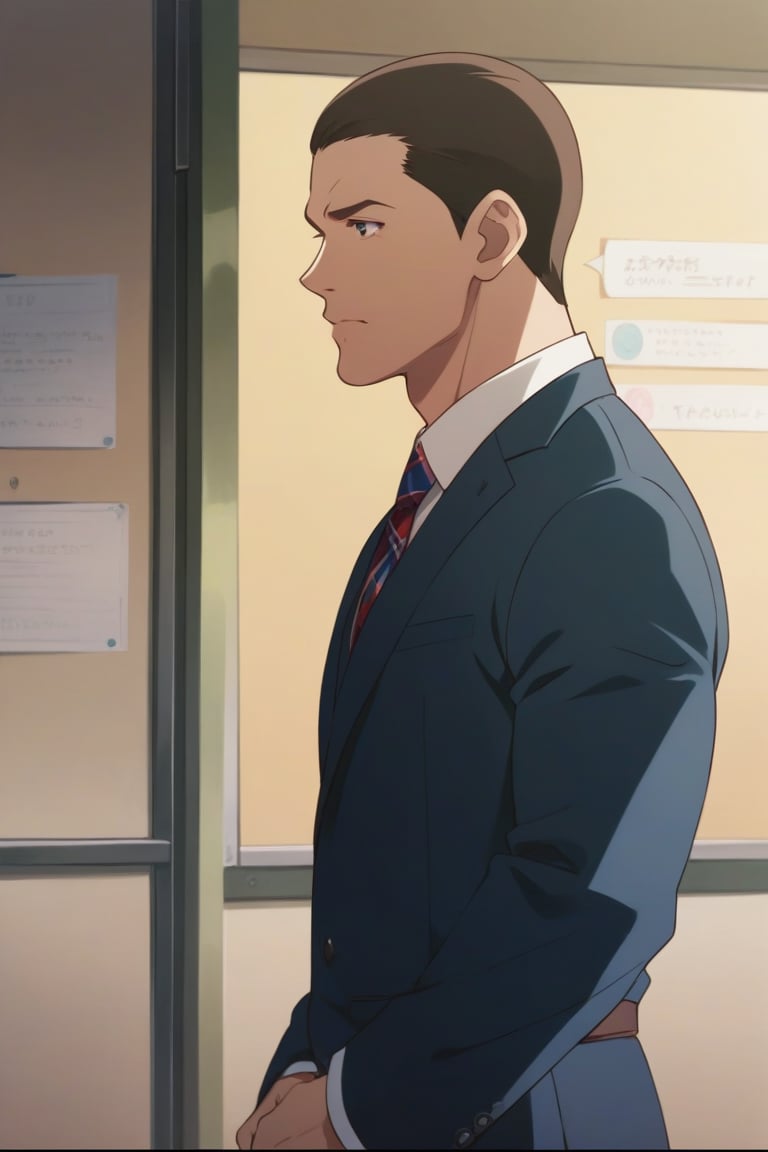 masterpiece, best quality, ((animescreencap)), {{{John Cena}}},1boy, standing, teacher outfit, front of classroom, solo, short_hair, (upperbody) 
