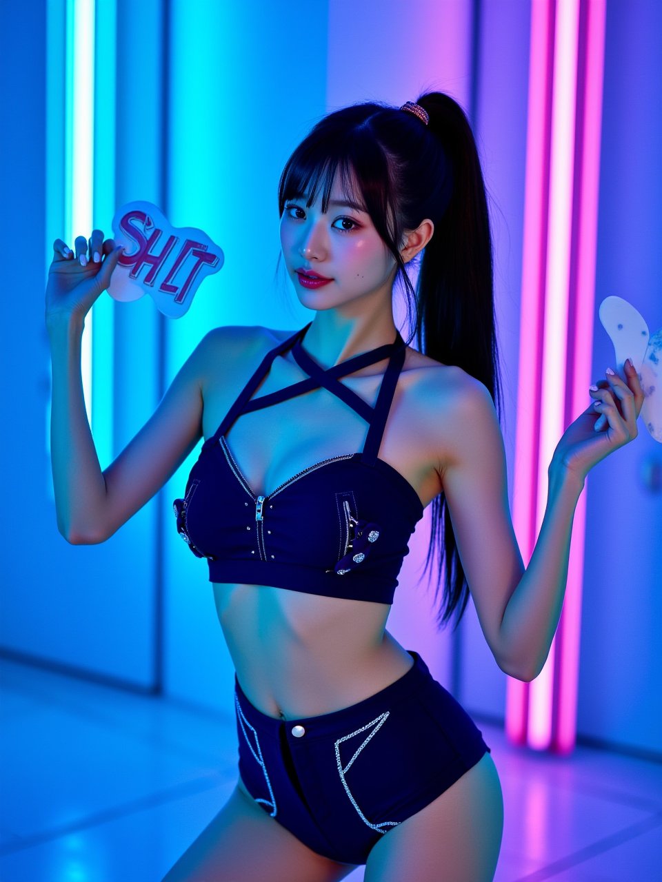 photorealistic,  portrait of hubggirl,  A South Korean K-pop girl stands heroically against a neon-lit backdrop of electri...