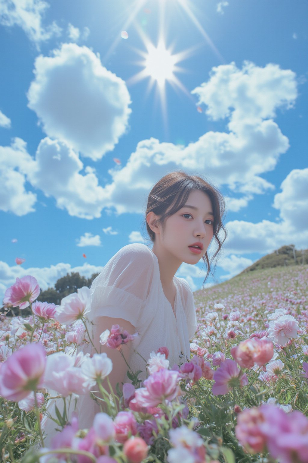 This is a highly detailed digital close-up and tilt shot artwork in a bright fantasy style, intricate tetradic colors in every details, a beautiful 22 years old Chinese girl, looking at viewer, head tilt, leaning forward, A lone girl with wavy black hair, wearing white dress, stands in windy flower field with grass, sun glare, heavenly cloudy sky, (clouds spiral:0.8), a macabre tapestry of clouds reaching towards viewer, falling petals, light cascading from an unseen aperture above. A low camera angle emphasizes the girl's with the overwhelming warm vibes.