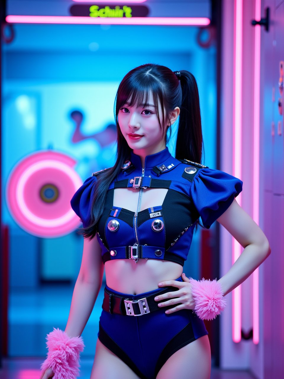 photorealistic,  portrait of hubggirl,  A South Korean K-pop girl stands heroically against a neon-lit backdrop of electri...