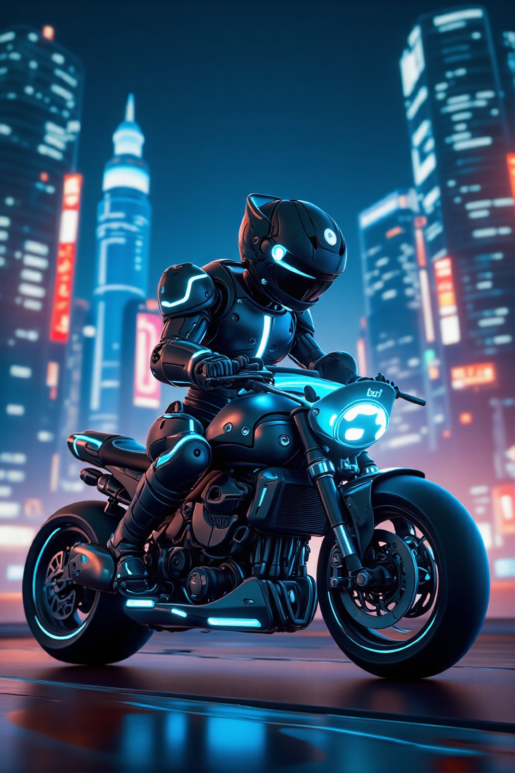 A photograph of a futuristic robot, sleek metallic body with glowing blue accents, riding a high-tech motorcycle, near the center of a bustling city at night. The cityscape includes towering skyscrapers with neon signs. The bright city lights create dynamic reflections on the robot and bike. Created Using: HDR camera, cyberpunk art movement, neon lighting, wide-angle lens, glossy finish, digital painting techniques, dramatic shadows, lens flares, hd quality, natural look