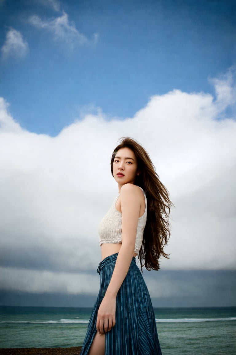 (ultra realistic,best quality),photorealistic,Extremely Realistic, in depth, cinematic light,hubgwomen,hubg_beauty_girl, 1girl,(long hair:1.4),outdoors,(front:1.3),(standing:1.3),seaside,cloudy sky,High-low skirt,(cowboy_shot:1.2),navelwavy hair, intricate background, realism,realistic,raw,analog,portrait,photorealistic,hubggirl