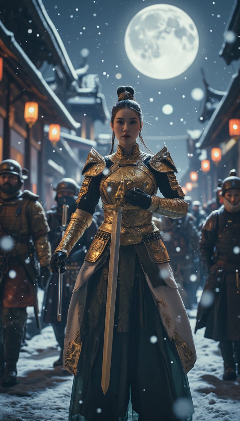 An ancient Chinese city street setting,
ancient China, city street, nighttime, full moon, soldiers, winter, snow-covered rooftops, traditional architecture, lanterns,
in the middle, a female general stands confidently, wearing heavenly golden armor and wielding a long sword, as soldiers rush past her, the moonlight illuminating her fierce expression amidst the falling snow.