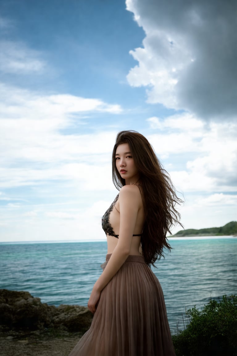 (ultra realistic,best quality),photorealistic,Extremely Realistic, in depth, cinematic light,hubgwomen,hubg_beauty_girl, 1girl,(long hair:1.4),outdoors,(front:1.3),(standing:1.3),seaside,cloudy sky,High-low skirt,(cowboy_shot:1.2),navelwavy hair, intricate background, realism,realistic,raw,analog,portrait,photorealistic,hubggirl