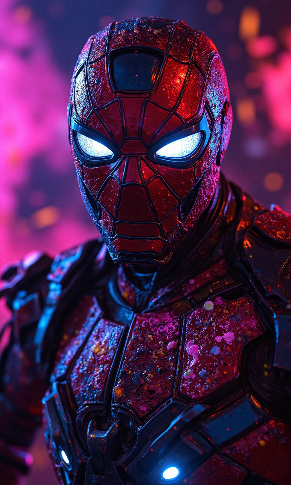 a photorealistic close-up Iron-Man_Spider-Man_pumpkin-Man, Hi-Tech cyberpunk style,
stoned, splatter art, color -splattered neon colors, (colorful glowing smoke) ((motion effect)), best quality, wallpaper art, UHD, centerpiece, MSchiffer art, ((flat color)), (cel-shading style) colors very bold neon, ((high saturation)) ink lines, psychedelic environments.