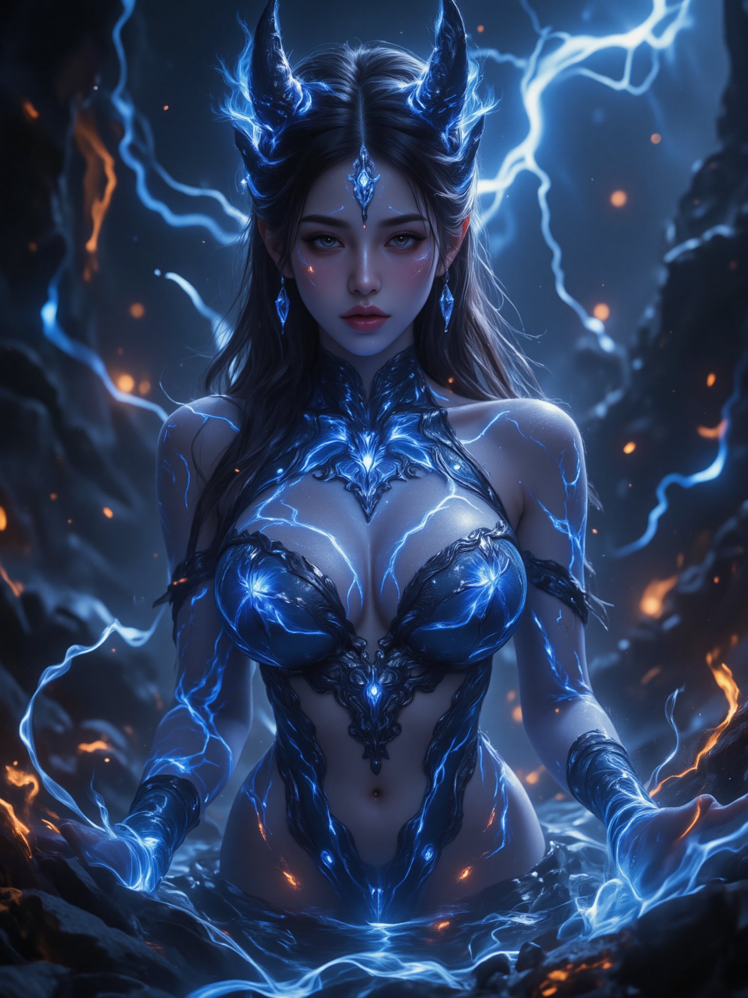 In a mystical landscape, a stunning Korean blue fire demon stands gracefully, radiating an enchanting yet powerful presence. Her skin glows with vibrant blue flames that flicker and dance, creating a captivating spectacle around her. Long, flowing hair, resembling fiery tendrils, cascades down her back, adding to her ethereal beauty. Her piercing eyes shimmer with an otherworldly intensity, reflecting both allure and strength. Adorned with intricate accessories that resemble glowing embers, she embodies the perfect blend of elegance and danger. The air around her crackles with energy, as the blue flames illuminate the surroundings, creating a mesmerizing scene of beauty and power.,Phosphorescent\(hubgstyle)\