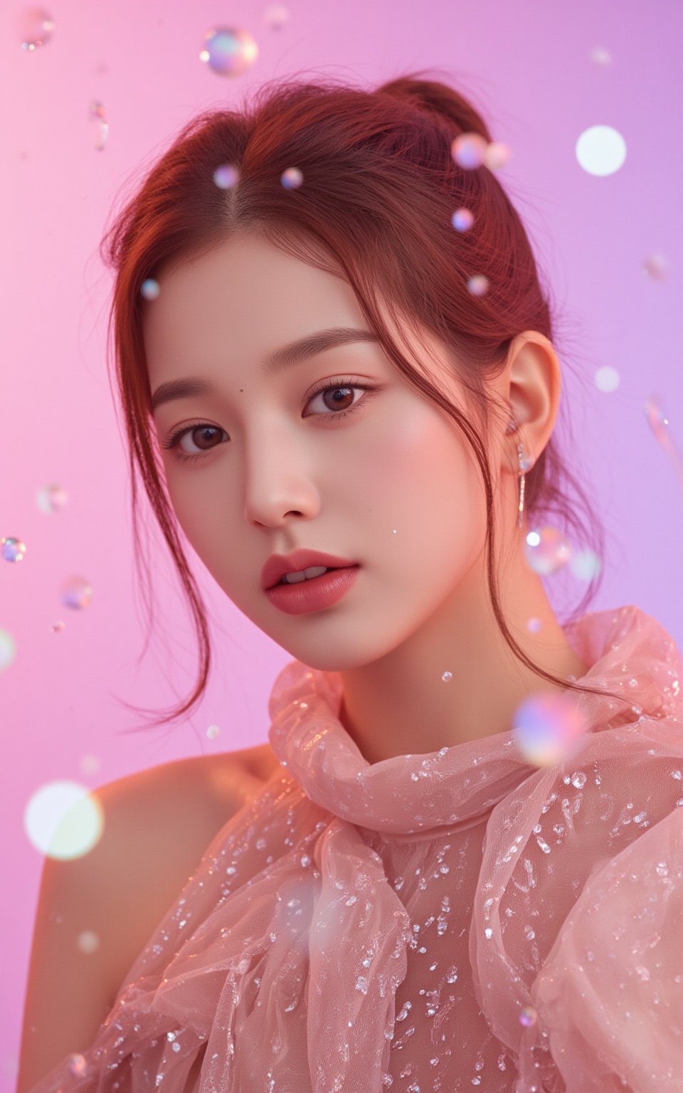 Photorealistic portrait of Hubggirl: A South Korean K-pop sensation posing confidently in a luxurious outfit that shimmers...