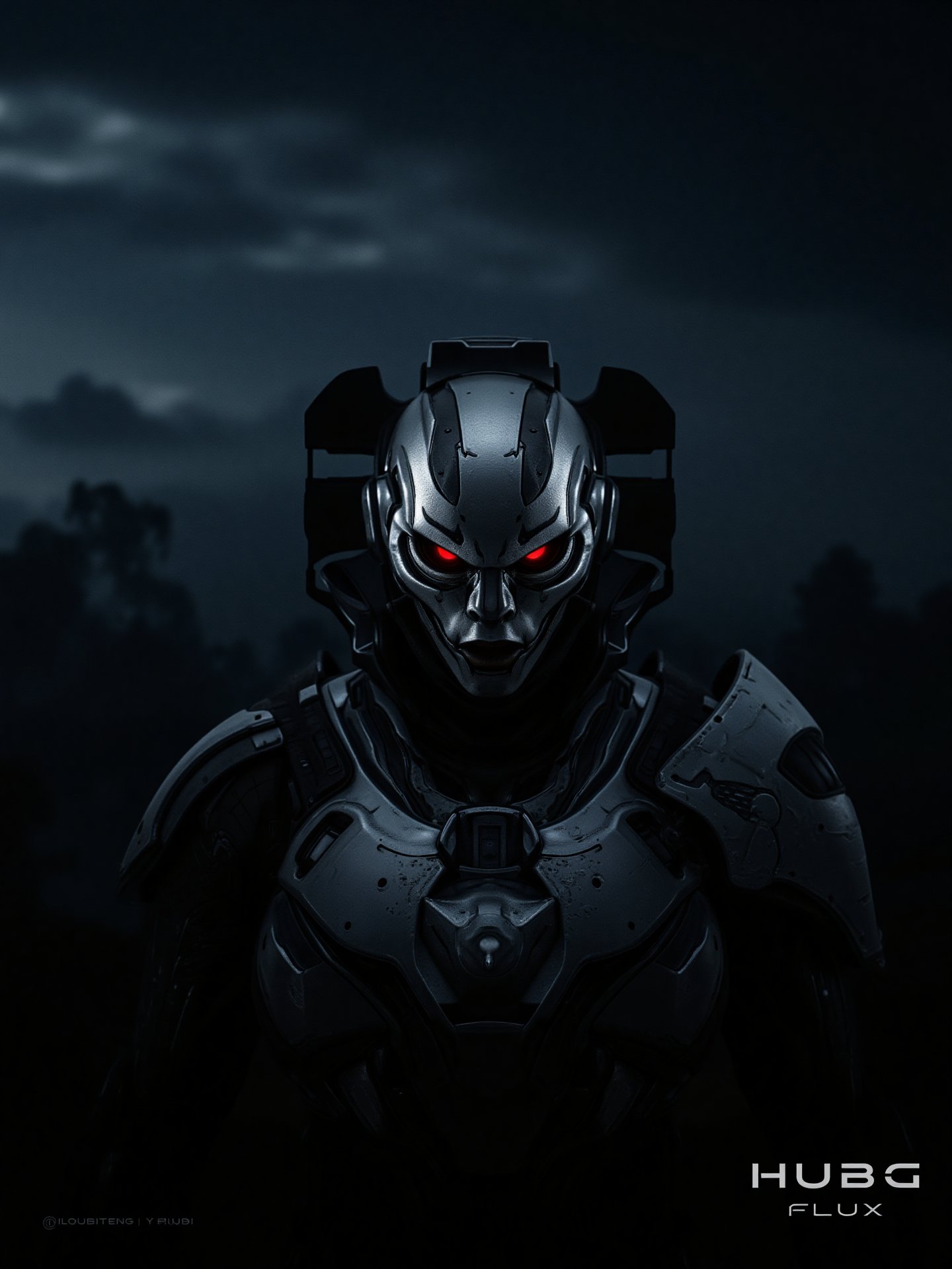 The image is a digital art piece that appears to be a futuristic or sci-fi scene. It shows a close-up of a gallente assault's head and upper body, with a metallic armor-like appearance. The gallente assault's face is covered in red eyes, giving it a futuristic and ominous look. The background is a dark, cloudy sky with a hint of smoke or dust. The overall mood of the image is dark and ominous. The word "HUBG" is written in white text on the bottom right corner, with the word "FLUX" in a larger font size than the rest of the text.