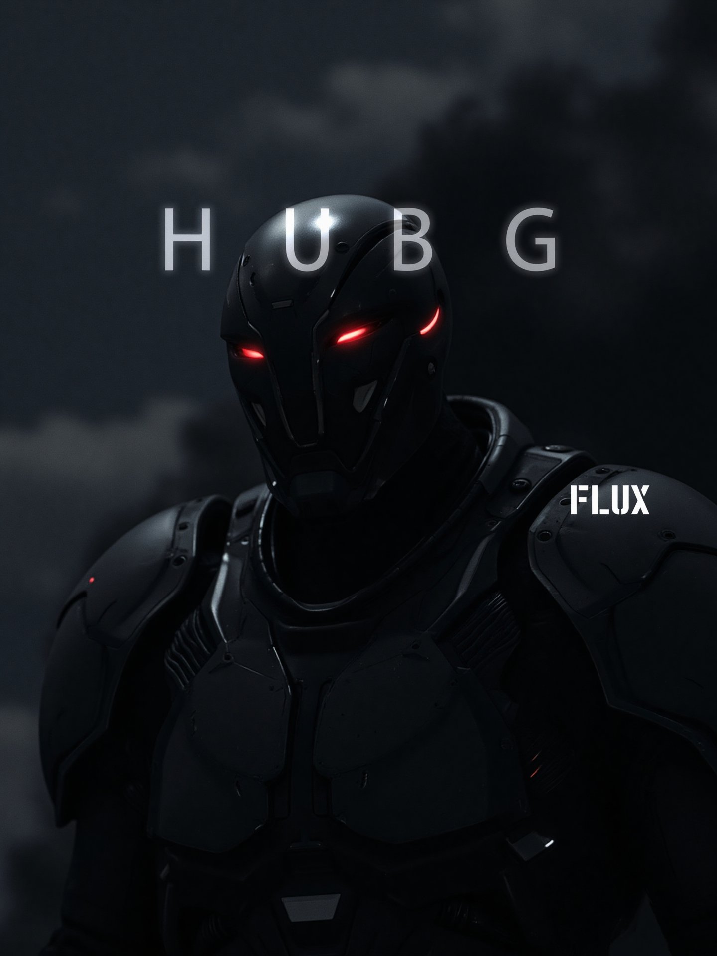 The image is a digital art piece that appears to be a futuristic or sci-fi scene. It shows a close-up of a gallente assault's head and upper body, with a metallic armor-like appearance. The gallente assault's face is covered in red eyes, giving it a futuristic and ominous look. The background is a dark, cloudy sky with a hint of smoke or dust. The overall mood of the image is dark and ominous. The word "HUBG" is written in white text on the bottom right corner, with the word "FLUX" in a larger font size than the rest of the text.