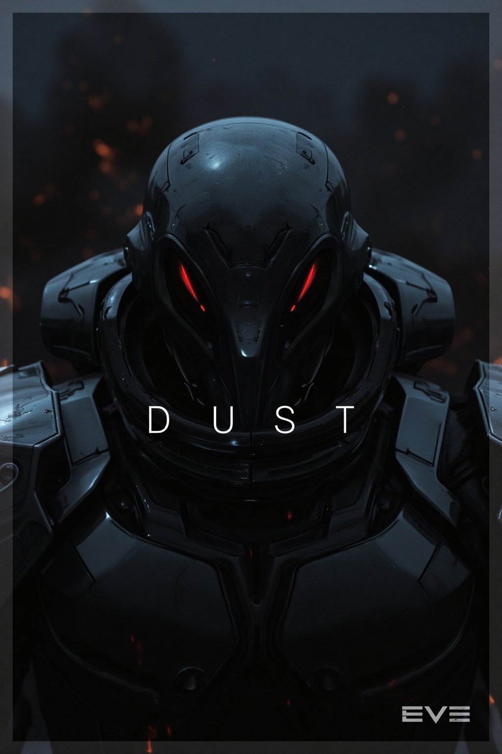 The image is a digital art piece that appears to be a futuristic or sci-fi scene. It shows a close-up of a gallente assault's head and upper body, with a metallic armor-like appearance. The gallente assault's face is covered in red eyes, giving it a futuristic and ominous look. The background is a dark, cloudy sky with a hint of smoke or dust. The overall mood of the image is dark and ominous. The word "DUST" is written in white text on the bottom right corner, with the word "EVE" in a larger font size than the rest of the text.