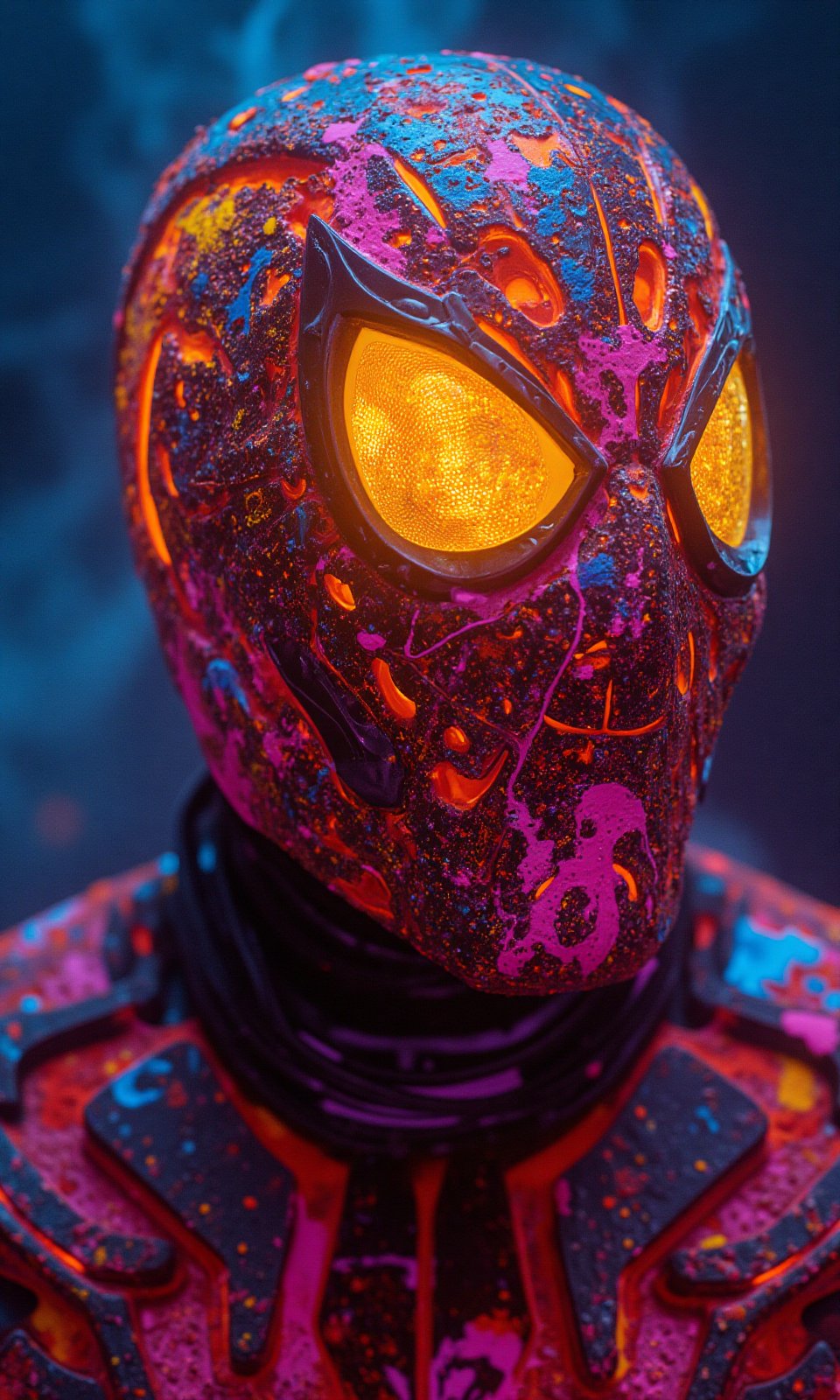 a photorealistic close-up Iron Man_Spider-Man in a pumpkin headgear, Hi-Tech cyberpunk style,
stoned, splatter art, color -splattered neon colors, (colorful glowing smoke) ((motion effect)), best quality, wallpaper art, UHD, centerpiece, MSchiffer art, ((flat color)), (cel-shading style) colors very bold neon, ((high saturation)) ink lines, psychedelic environments.