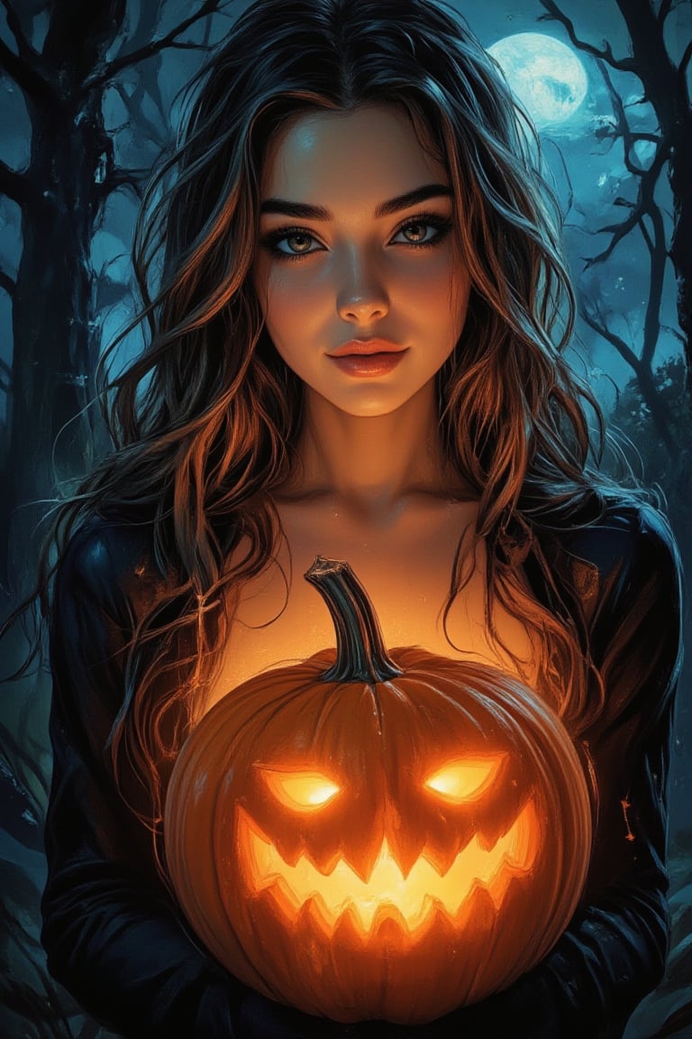 A spooky art drawing of a woman standing in a dimly lit, eerie forest. She holds a glowing pumpkin in her hands, casting an ominous light on her face. Her expression is one of mystery and intrigue, with a slight smile. The background features twisted trees and a full moon, creating a haunting atmosphere. The composition is centered, with the woman in the foreground and the forest in the background, emphasizing the spooky mood.