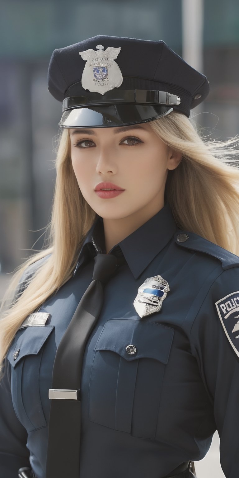 Generate hyper realistic image of a beautiful policewoman with long, flowing blonde hair, captivating brown eyes, and a confident gaze directed at the viewer. Dressed in a realistic police uniform with a prominent belt, her lips express determination and authority. The scene exudes a sense of security and professionalism, capturing the essence of a dedicated law enforcement officer.,hubggirl