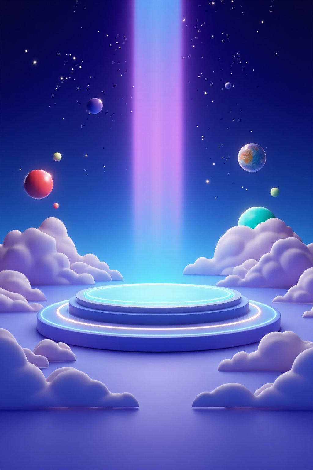 3D\(hubgstyle)\, a round podium on the ground in the middle, cosmos theme, clouds, starry sky, planets in the sky, glowing beam in the background, professional 3d model, anime artwork pixar, 3d style, good shine, OC rendering, highly detailed, volumetric, dramatic lighting,