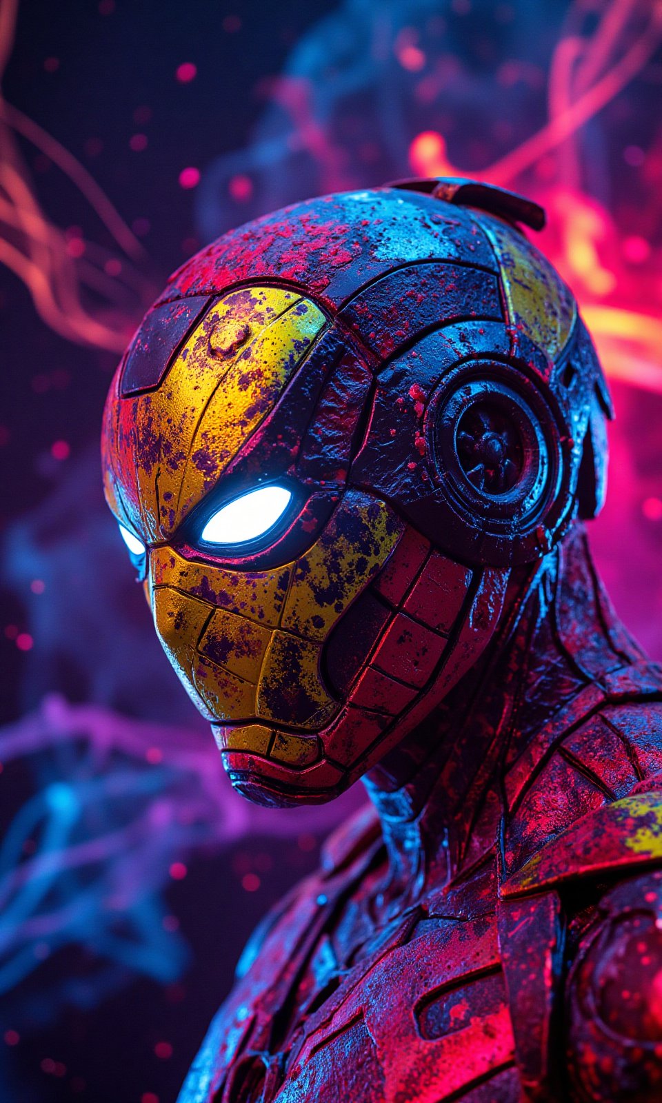 a photorealistic close-up Iron-Man_Spider-Man_pumpkin-Man, Hi-Tech cyberpunk style,
stoned, splatter art, color -splattered neon colors, (colorful glowing smoke) ((motion effect)), best quality, wallpaper art, UHD, centerpiece, MSchiffer art, ((flat color)), (cel-shading style) colors very bold neon, ((high saturation)) ink lines, psychedelic environments.