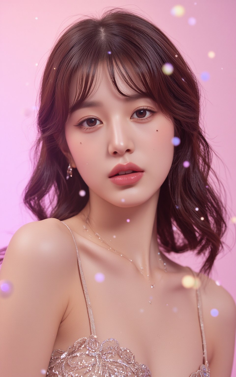 Photorealistic portrait of Hubggirl: A South Korean K-pop sensation posing confidently in a luxurious outfit that shimmers...