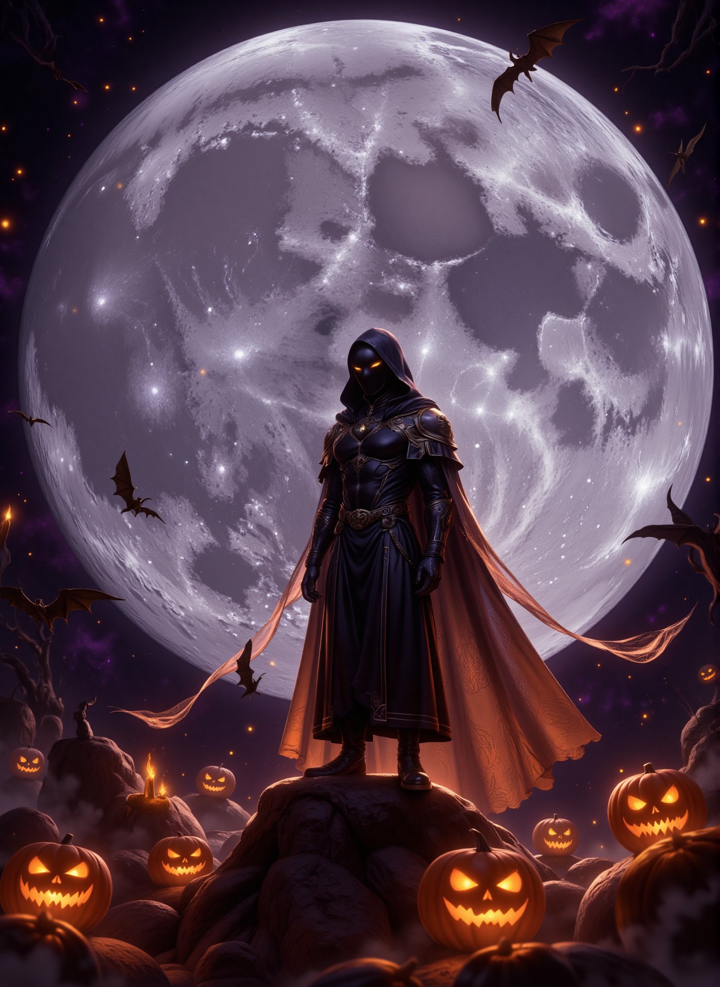 In the haunting ambiance of Halloween 2024, a solitary figure stands confidently upon a vast, shimmering moon. The moon is an ethereal spectacle, its surface a patchwork of silvery craters and shadowy valleys that glisten like diamonds under the glow of the eerie, otherworldly light. The figure, swathed in a flowing cloak of deep midnight black, has a hood draped low over their face, concealing their identity and adding an air of mystery. Surrounding them, the moon is adorned with the playful decorations of Halloween: glowing jack-o'-lanterns dot the lunar landscape, their flickering candlelight casting dancing shadows that ripple across the terrain. Wisps of gossamer cobwebs cling to the surface, catching the light and creating a ghostly shimmering effect. Above, the sky is a swirling canvas of dark purples and deep oranges, dotted with twinkling stars that seem to wink knowingly at the scene below. A chilling breeze whistles past, carrying faint sounds of rustling leaves and distant laughter, as if the spirits of Halloween revelers are frolicking just out of sight. The atmosphere is charged with anticipation—a blend of excitement and unease—as the figure stands poised on the edge of the moon, surveying the surreal and ghostly landscape that embodies the spirit of the night,V