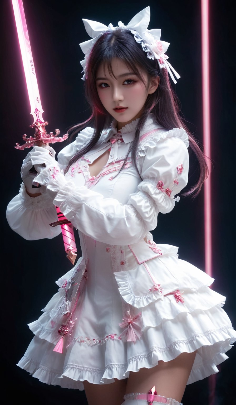 masterpiece, best quality, ultra-detailed, best shadow, detailed background,dark fantasy, mecha\(hubggirl)\,

hubggirl with White Lolita outfit ,holding a glowing pink sword upwards,

dynamic poses, particle effects, perfect hands,
beautiful detailed face, high contrast, best illumination, an extremely delicate and beautiful, 
cinematic light, colorful, hyper detail, dramatic light, intricate details,