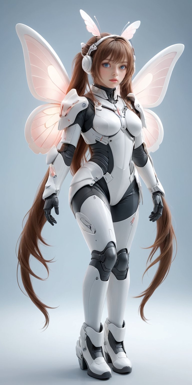 (ultra realistic,best quality),photorealistic,Extremely Realistic, in depth, cinematic light,butterfly\(hubggirl)\,hubg_mecha_girl,hubggirl,

1 girl, solo, long hair, looking at viewer, blush, bangs, blue eyes, simple background, brown hair, gloves, white background, armored suit, twintails, standing, full body, colorful hair, hair band, boots, black gloves , armor, headgear, 

intricate background, realism,realistic,raw,analog,portrait,photorealistic,