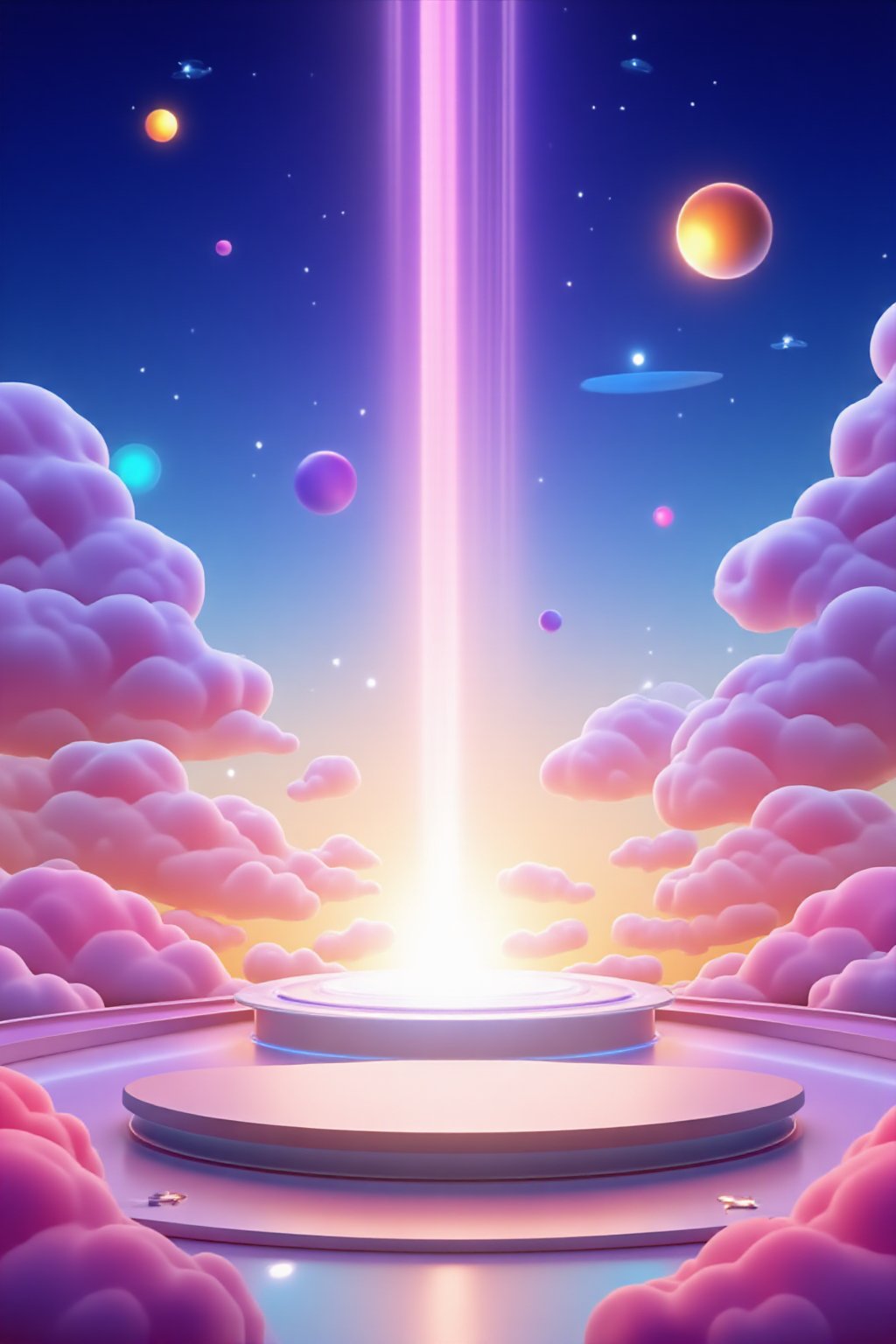 professional 3d model,anime artwork pixar,3d style,good shine,OC rendering,highly detailed,volumetric,dramatic lighting,3d\(hubgstyle)\,a round podium on the ground in the middle,clouds,starry sky,planets in the sky,glowing beam in the background,beautiful colorful background,very beautiful,masterpiece,best quality,super detail,anime style,key visual,vibrant,studio anime