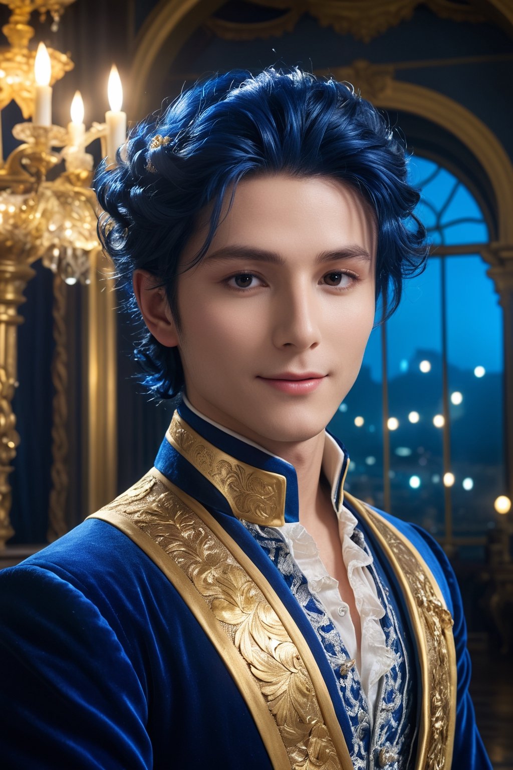 (ultra realistic,best quality),photorealistic,Extremely Realistic, in depth, cinematic light,hubgman,

HUBG_Rococo_Style(loanword), 1boy, Portrait of noble and graceful god, dressed in blue and gold, elaborate coiffure hairstyle, dark hair, decoration, 
Brilliant scene with bright lights, mist, numerous decorations, joyful atmosphere, light smile,

HDR, IMAX, 32K resolutions, ultra resolutions, magnificent, best quality, masterpiece,cinematic scenes, cinematic shots, cinematic lighting, volumetric lighting, ultra-detailed,