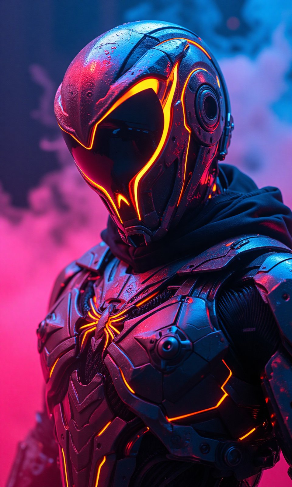 This image is a piece of digital art that looks like a futuristic or sci-fi scene. It shows a close-up of the head and upper body of a futuristic warrior who is wearing a neon metal helmet resembling a pumpkin lamp and a neo-futuristic technological battle armor that is a combination of Spider-Man and Iron Man battle armor.
High-tech cyberpunk style,
Vertigo, Splash Art, Splash Neon Colors, (Colorful Glowing Smoke) ((Dynamic Effects)), Best Quality, Wallpaper Art, UHD, Medium Scene, MSchiffer Art, ((Flat Colors)), (cel-shading style) Very Bold Neon Colors, Psychedelic Environments.