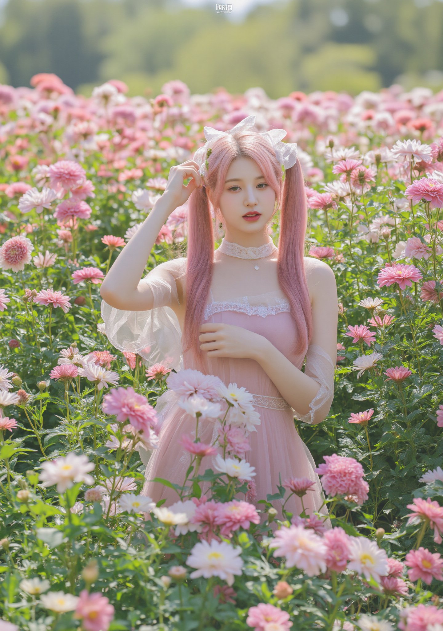 A whimsical portrait of a woman with vibrant pink hair, dressed in a delicate doll-inspired dress, surrounded by a sea of blooming chrysanthemums in full sunlight. She poses amidst the flowers, her bright locks and dainty attire harmonizing with the warm rays of the sun, casting a soft glow on the lush greenery.