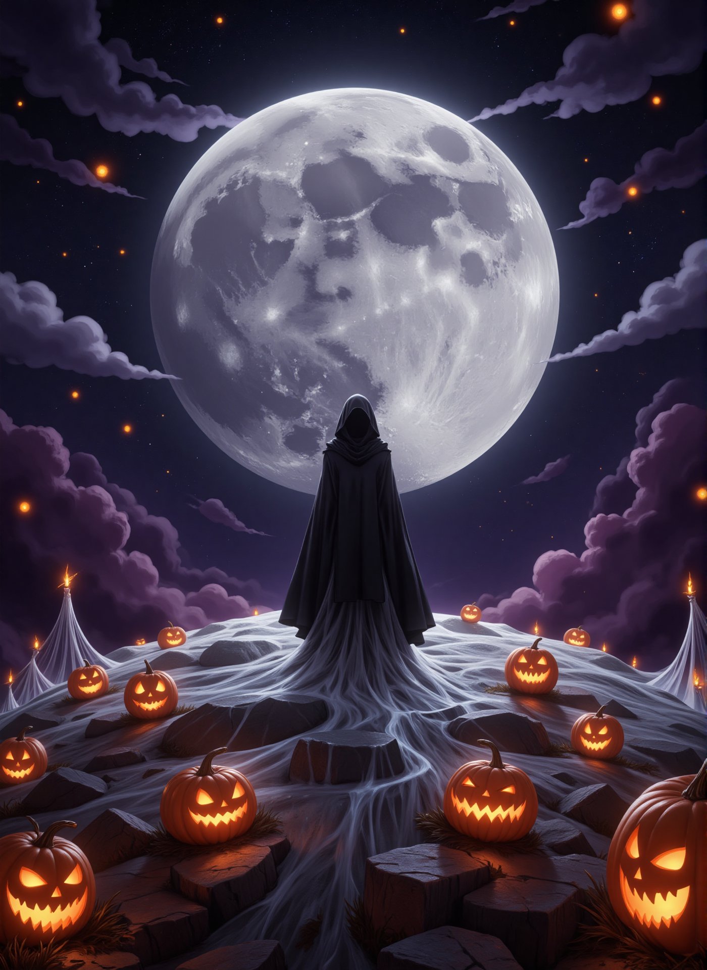 In the haunting ambiance of Halloween 2024, a solitary figure stands confidently upon a vast, shimmering moon. The moon is an ethereal spectacle, its surface a patchwork of silvery craters and shadowy valleys that glisten like diamonds under the glow of the eerie, otherworldly light. The figure, swathed in a flowing cloak of deep midnight black, has a hood draped low over their face, concealing their identity and adding an air of mystery. Surrounding them, the moon is adorned with the playful decorations of Halloween: glowing jack-o'-lanterns dot the lunar landscape, their flickering candlelight casting dancing shadows that ripple across the terrain. Wisps of gossamer cobwebs cling to the surface, catching the light and creating a ghostly shimmering effect. Above, the sky is a swirling canvas of dark purples and deep oranges, dotted with twinkling stars that seem to wink knowingly at the scene below. A chilling breeze whistles past, carrying faint sounds of rustling leaves and distant laughter, as if the spirits of Halloween revelers are frolicking just out of sight. The atmosphere is charged with anticipation—a blend of excitement and unease—as the figure stands poised on the edge of the moon, surveying the surreal and ghostly landscape that embodies the spirit of the night,V