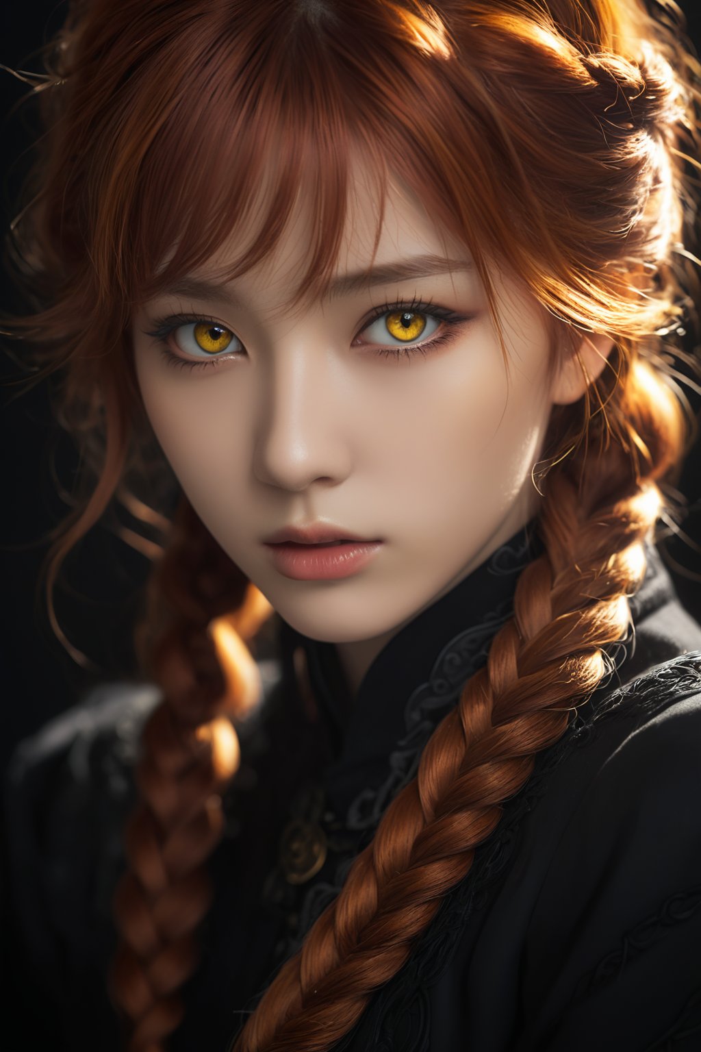 stunning anime portrait of a red-haired girl with intense yellow eyes, close-up view, intricate hand details, braided hair, dark clothing, strong light and shadow contrasts, black nails, 17 years old, digital illustration, inspired by yoshitaka amano, masterpiece