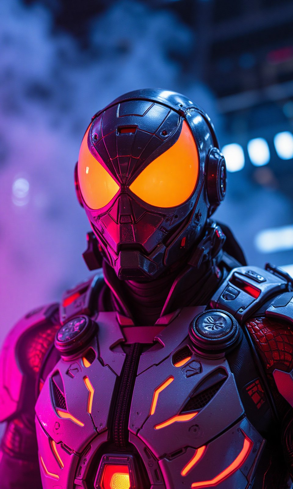 This image is a piece of digital art that looks like a futuristic or sci-fi scene. It shows a close-up of the head and upper body of a futuristic warrior who is wearing a neon metal helmet resembling a pumpkin lamp and a neo-futuristic technological battle armor that is a combination of Spider-Man and Iron Man battle armor.
High-tech cyberpunk style,
Vertigo, Splash Art, Splash Neon Colors, (Colorful Glowing Smoke) ((Dynamic Effects)), Best Quality, Wallpaper Art, UHD, Medium Scene, MSchiffer Art, ((Flat Colors)), (cel-shading style) Very Bold Neon Colors, Psychedelic Environments.