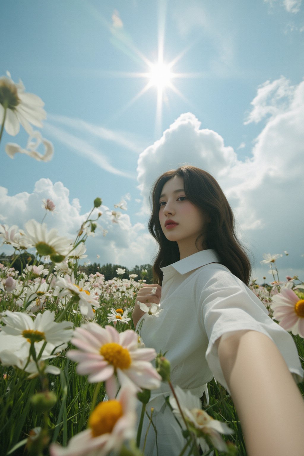 This is a highly detailed digital close-up and tilt shot artwork in a bright fantasy style, intricate tetradic colors in every details, a beautiful 22 years old Chinese girl, looking at viewer, head tilt, leaning forward, A lone girl with wavy black hair, wearing white dress, stands in windy flower field with grass, sun glare, heavenly cloudy sky, (clouds spiral:0.8), a macabre tapestry of clouds reaching towards viewer, falling petals, light cascading from an unseen aperture above. A low camera angle emphasizes the girl's with the overwhelming warm vibes.