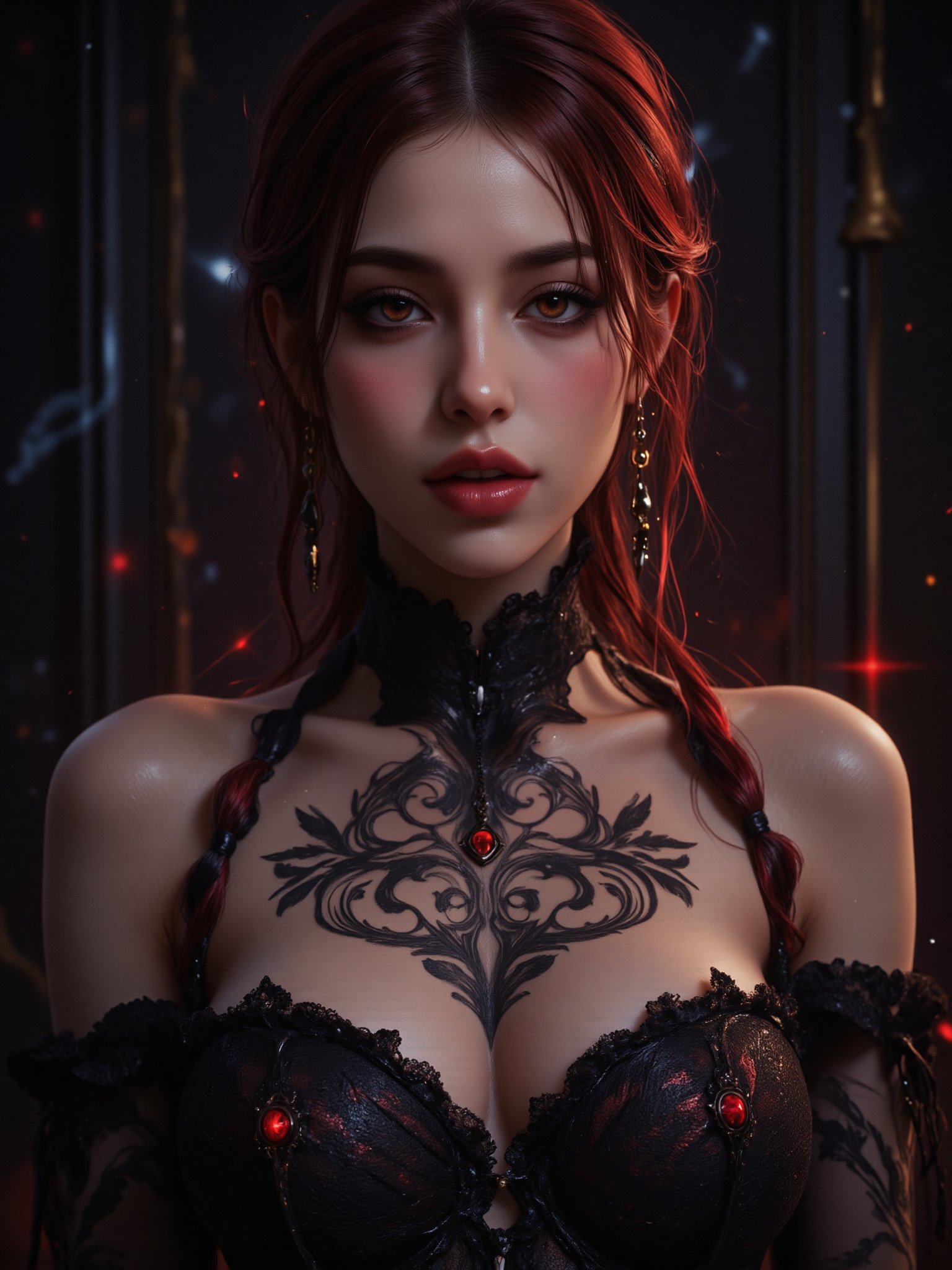 photorealistic,portrait of hubggirl, (ultra realistic,best quality),photorealistic,Extremely Realistic, in depth, cinematic light, Gothic Girl, Orgasmic expressions, lewd smiles, solo,(dark:1.4),deep shadow,darkness,moonlight, absur dres,highly detailed woman,extremely detailed eyes and face,piercing red eyes,detailed clothes, skinny, (gothic),twin tails,bangs,frills,skirt,red hair, half classicism half surrealismaristocraticlady, mystery style tattoo, perfect hands, perfect lighting, vibrant colors, intricate details, high detailed skin, pale skin, intricate background, realism,realistic,raw,analog,portrait,photorealistic, taken by Canon EOS,SIGMA Art Lens 35mm F1.4,ISO 200 Shutter Speed 2000,Vivid picture, taken by Canon EOS,SIGMA Art Lens 35mm F1.4,ISO 200 Shutter Speed 2000,Vivid picture,