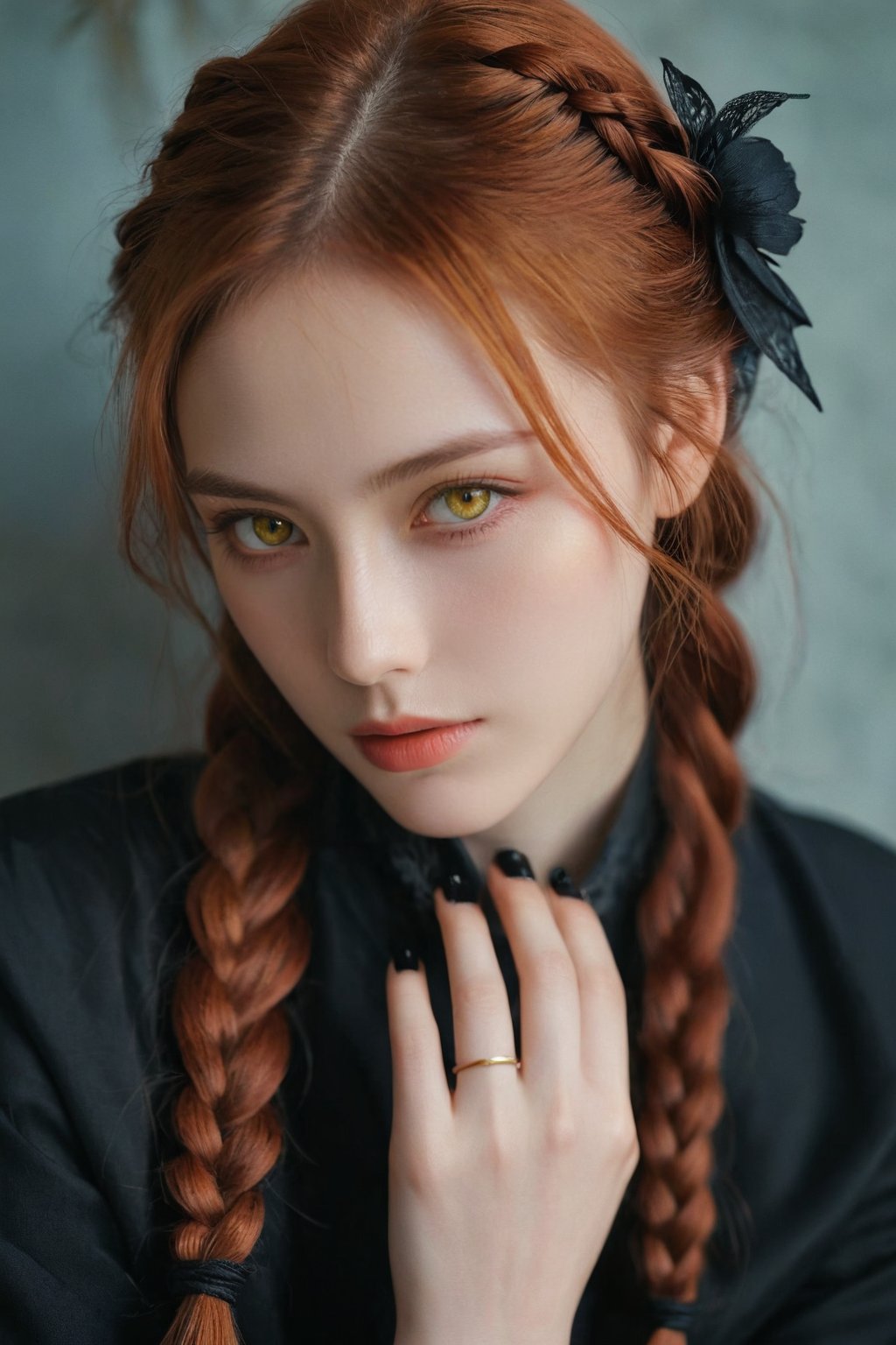 (ultra realistic,best quality),photorealistic,Extremely Realistic,in depth,cinematic light,hubggirl,

BREAK

stunning anime portrait of a red-haired girl with intense yellow eyes, close-up view, intricate hand details, braided hair, dark clothing, strong light and shadow contrasts, black nails, 17 years old, 

BREAK

dynamic poses, particle effects, perfect hands, perfect lighting, vibrant colors, intricate details, high detailed skin, intricate background, realistic, raw, analog, taken by Sony Alpha 7R IV, Zeiss Otus 85mm F1.4, ISO 100 Shutter Speed 1/400, Vivid picture, More Reasonable Details