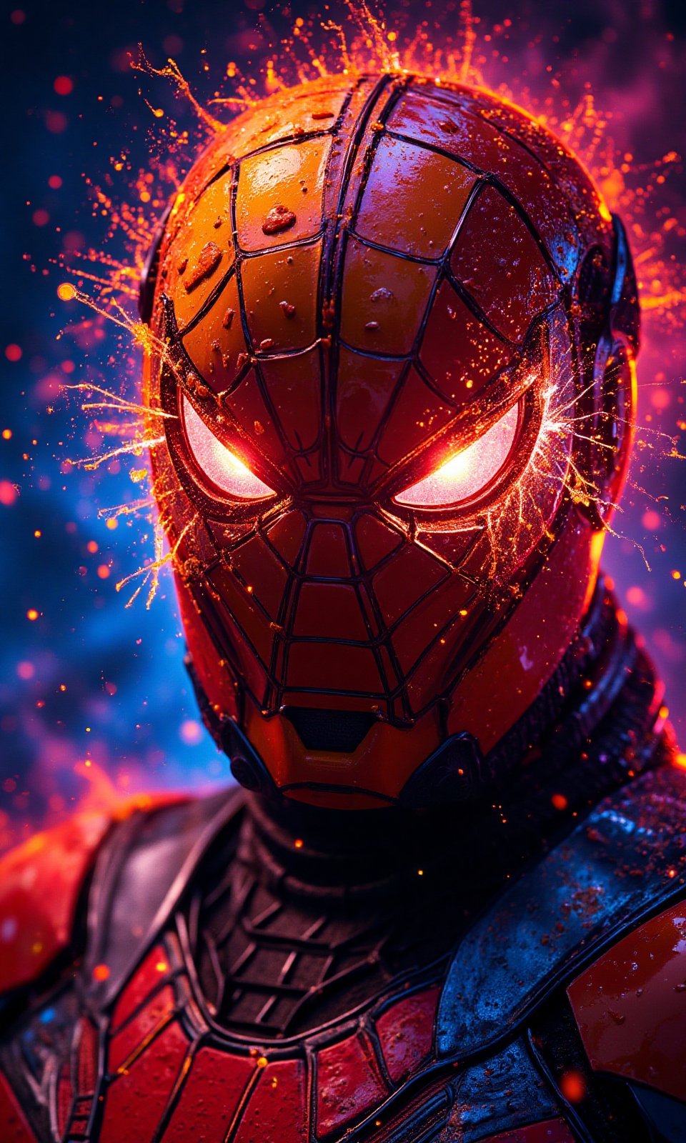 a photorealistic close-up Iron Man_Spider-Man in a pumpkin headgear, Hi-Tech cyberpunk style,
stoned, splatter art, color -splattered neon colors, (colorful glowing smoke) ((motion effect)), best quality, wallpaper art, UHD, centerpiece, MSchiffer art, ((flat color)), (cel-shading style) colors very bold neon, ((high saturation)) ink lines, psychedelic environments.