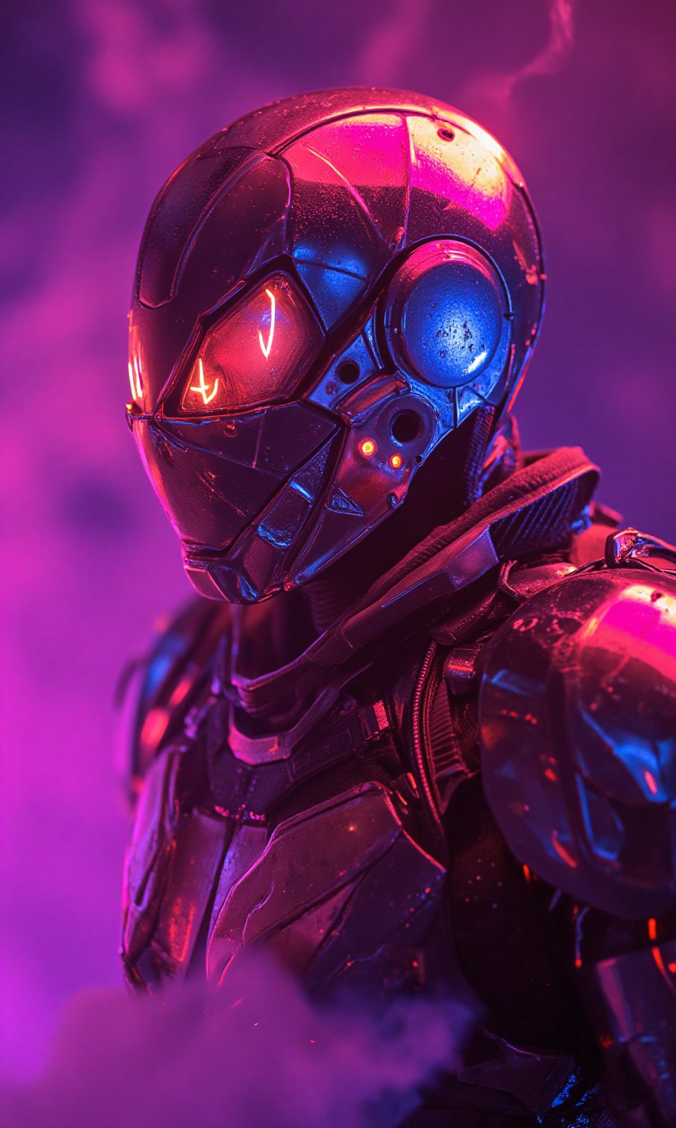 This image is a piece of digital art that looks like a futuristic or sci-fi scene. It shows a close-up of the head and upper body of a futuristic warrior who is wearing a neon metal helmet resembling a pumpkin lamp and a neo-futuristic technological battle armor that is a combination of Spider-Man and Iron Man battle armor.
High-tech cyberpunk style,
Vertigo, Splash Art, Splash Neon Colors, (Colorful Glowing Smoke) ((Dynamic Effects)), Best Quality, Wallpaper Art, UHD, Medium Scene, MSchiffer Art, ((Flat Colors)), (cel-shading style) Very Bold Neon Colors, Psychedelic Environments.